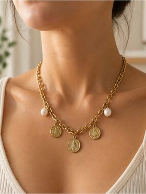 Gold Coin Charm Necklace with Pearl Accents Vintage Inspired